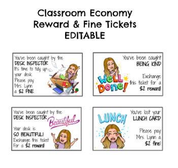 Preview of Bitmoji Classroom Economy Reward & Fine Tickets (Editable)