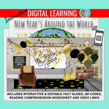 Preview of Bitmoji Classroom | HAPPY NEW YEAR AROUND THE WORLD | FACTS | QR Codes | Quiz