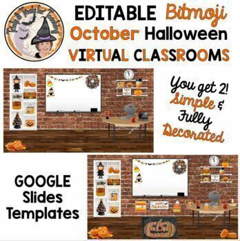 Preview of Bitmoji Classroom Halloween October Trick Treat Virtual Editable Google Slides 