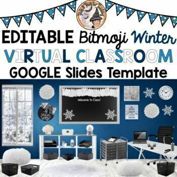 Preview of Bitmoji Classroom Snow Winter January February Virtual Editable Google Slides 