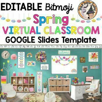 Preview of Bitmoji Classroom Spring School March April Virtual Editable Google Slides  