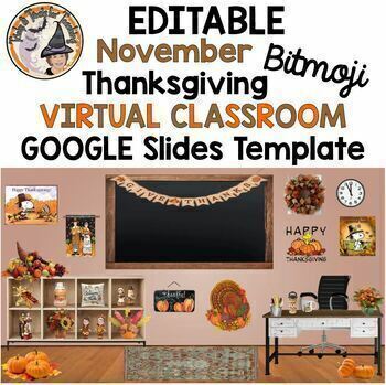 Preview of Bitmoji Classroom Thanksgiving November Virtual Editable Google Slides 