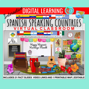 Preview of Bitmoji Classrooms | Spanish Speaking Countries | 23 Google Slides | Facts | Map