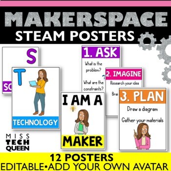Preview of STEAM Posters STEAM Bulletin Board BITMOJI Posters Makerspace Decor Editable