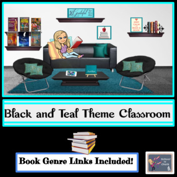 Preview of Bitmoji Virtual Classroom-- Teal & Black Theme (Book Genre Links Included)