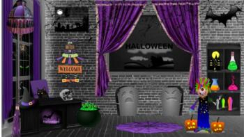Preview of Bitmoji Virtual Classroom Template Halloween History & Games Distance Learning!