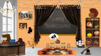 Preview of Bitmoji Virtual Classroom Thanksgiving History & Games Distance Learning!