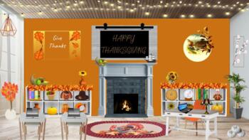 Preview of Bitmoji Virtual Classroom Thanksgiving Home Office w/links Distance Learning