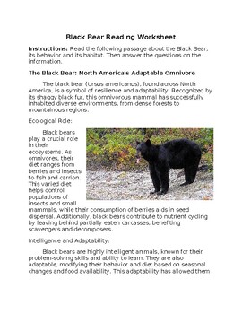 Preview of Black Bear Reading Worksheet w/Answer Key **Editable**
