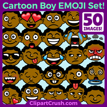 Preview of Black Boy Emoji Clipart Faces / African Boy Kids Emojis Emotions Expressions