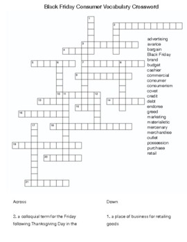 Black Friday Consumer Vocabulary Crossword by Northeast Education