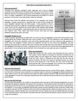 Preview of Black History: Apartheid In South Africa - Reading Comprehension Text