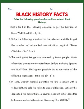 Preview of Black History Facts with a quick HS level math sheet