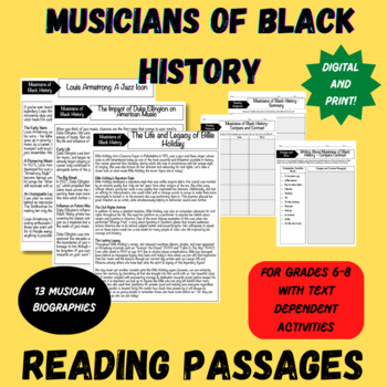 Preview of Black History Month 13 Influential Musicians Reading Passages and Activities