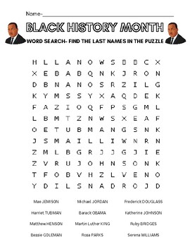Preview of Black History Month, African American, word search