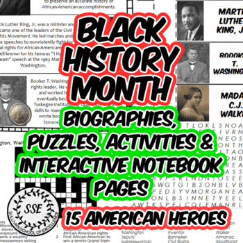Preview of Black History Month Interactive Notebook Activity and Puzzles, 15 Biographies