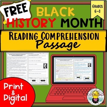 Preview of FREE Black History Month Reading Passage for grades 6-8: Print & Digital