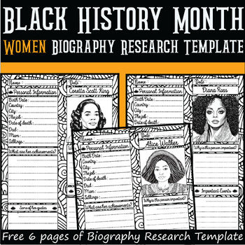 Preview of Black History Month Biography Research Template, Women face A4 Printable