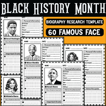 Preview of Black History Month Biography Research Template, 60 Famous Face of Black History