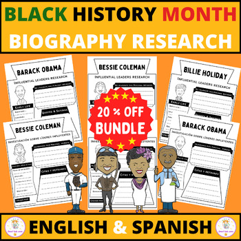 Preview of Black History Month Biography Research Templates Set. Version (ENGLISH/SPANISH)