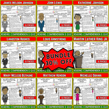 Preview of Black History Month Bundle: 10 Readings & Quizzes Featuring Influential Figures