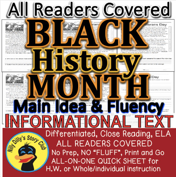 Preview of Black History Month CLOSE READING LEVELED PASSAGES Main Idea Fluency Check TDQs