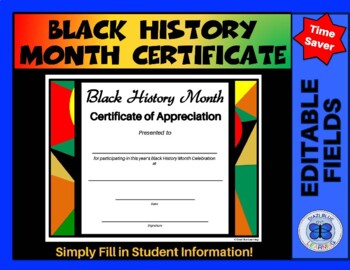 Preview of Black History Month Certificate of Appreciation II - Editable