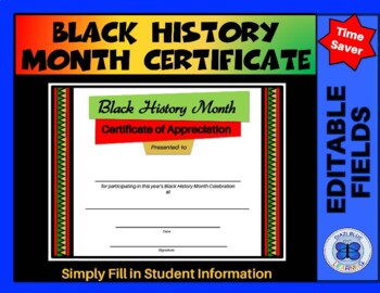 Preview of Black History Month Certificate of Appreciation III - Editable