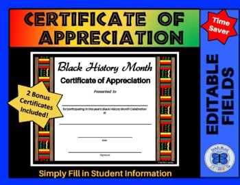 Preview of Black History Month Certificate of Appreciation w/Bonus Awards - Editable