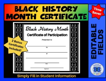 Preview of Black History Month Certificate of Participation w/Bonus Awards - Editable