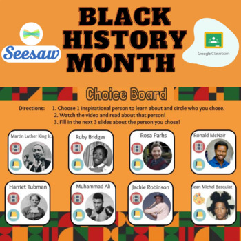 Preview of Black History Month Choice Board SeeSaw Google Slides Read Aloud and Video