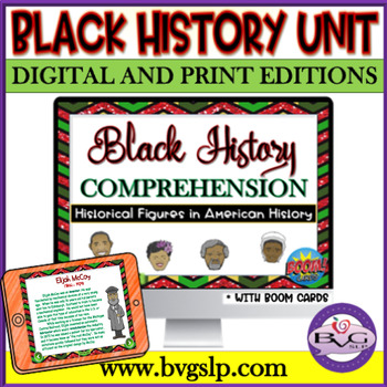 Preview of Black History Month Comprehension Digital or Print with BOOM Cards & Worksheets