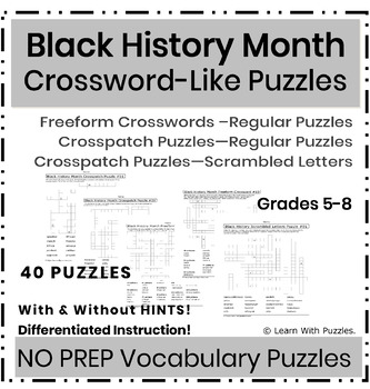 Preview of Black History Month Crossword-Like Puzzles 40 Puzzles Gr 5-7 Printable NO PREP