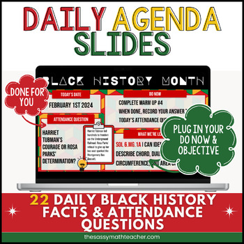 Preview of February Black History Month Daily Agenda Google Slides Attendance Questions