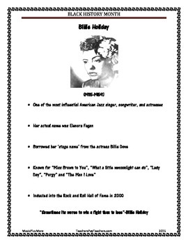 Preview of Black History Month Famous Musicians Billie Holiday