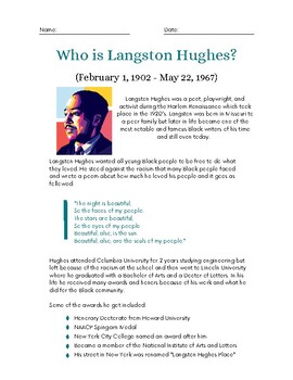 Preview of Black History Month: Langston Hughes Reading Comprehension & History