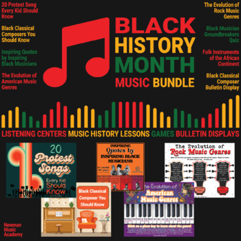 Preview of Black History Month Music Bundle: Music History Lessons, Bulletin Displays, Game