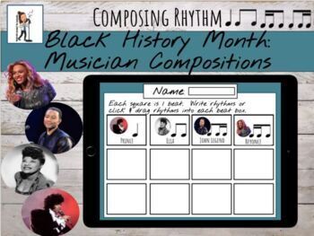 Preview of Black History Month Musician Sixteenth Note Composition Worksheets