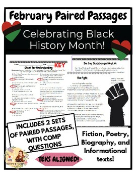 Preview of Black History Month Paired Passages for February with Included Questions