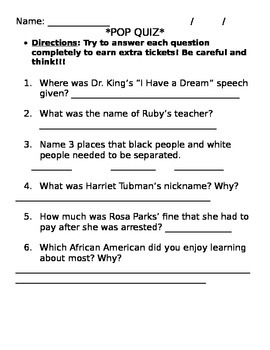 Preview of Black History Month Pop Quiz