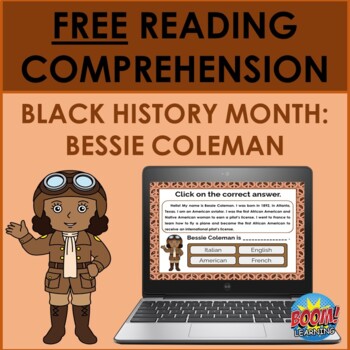 Preview of Black History Month Reading Comprehension: Bessie Coleman FREE BOOM CARDS
