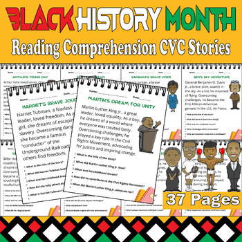 Preview of Black History Month Reading Comprehension CVC Stories - 37 Pages