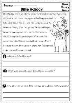 Black History Month Reading Comprehension Passages with questions ...