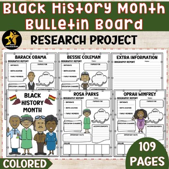 Preview of Black History Month Research Project Bulletin Board Biography Template Writing