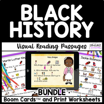 Preview of Black History Month Visual Reading Comprehension BOOM CARDS and PRINT worksheets