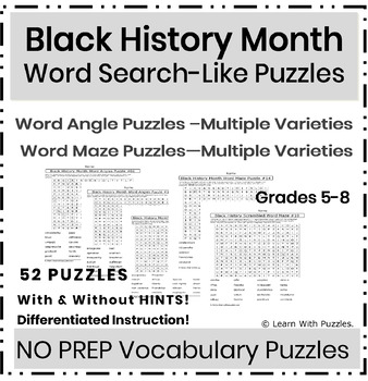 Preview of Black History Month Word Search Like Puzzles 52 Puzzles Gr 5-7 Printable NO PREP
