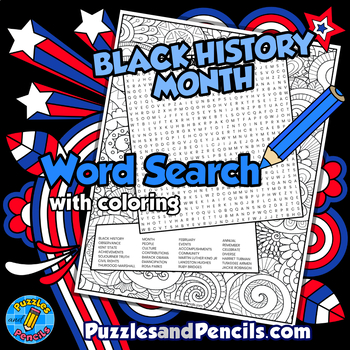 Preview of Black History Month Word Search Puzzle Activity Page with Coloring | Wordsearch