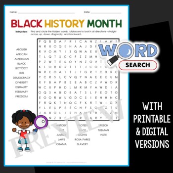 Black History Month Word Search Work Puzzle Fun Activity Vocabulary ...