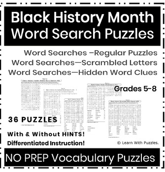 Preview of Black History Month Word Searches CC Aligned 36 Puzzles Gr5-7 Printable NO PREP