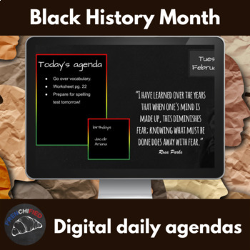 Preview of Black History Month themed daily agenda slides for Google Drive/Powerpoint